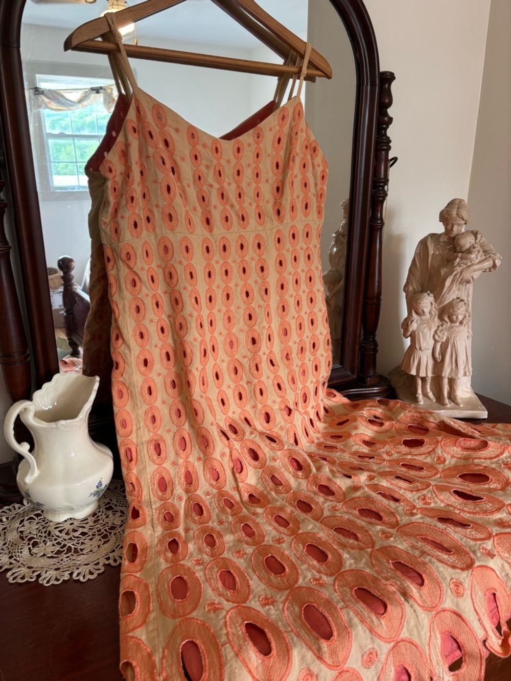JSong Peach Coral Eyelet 100% Linen Dress Size 16